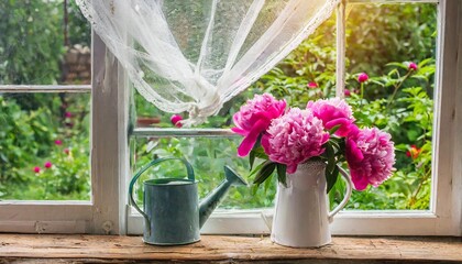 Canvas Print - white window with mosquito net in a rustic wooden house overlooking the garden bouquet of pink peonies in watering can on the windowsill