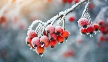 Frosted Hawthorn Berries In The Garden