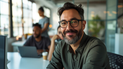 Sticker - A smiling man with glasses is sitting in a casual office setting, exuding confidence and satisfaction.