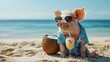 © Brian - Pig wearing Hawaiian shirt and sunglasses enjoying a tropical cocktail on the beach during spring break and summer vacation