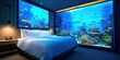 Aquarium inside a home - luxurious exotic fish concept with blue glow and corral inside the bedrooom.