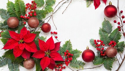 Canvas Print - christmas decoration frame of flowers of red poinsettia branch christmas tree ball red berry on a white background with space for text top view flat lay