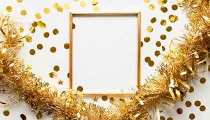 Sticker - mock up frame with space for text made of golden confetti tinsel on white background flat lay top view minimal background