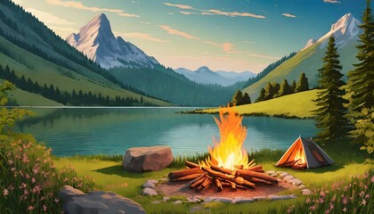 Sticker - landscape of a campfire in a peaceful lake valley