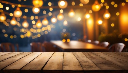 Wall Mural - image of wooden table in front of abstract blurred restaurant lights background
