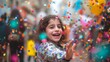 © Irina Ukrainets - Joyful child in a shower of colorful confetti, a moment of pure happiness captured in vibrant detail. candid outdoor celebration image. AI