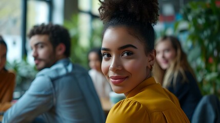 Poster - Confident young woman in a stylish yellow top smiling at the camera. office environment casual look. friendly team in the background. AI