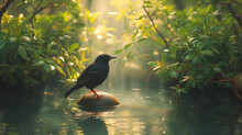 Black Small Bird On A Stone In The Middle Of Forest On River