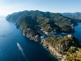 Fototapeta Nowy Jork - Aerial image of the colourful village of Portofino in beautiful golden light