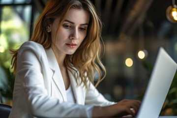 Poster - businesswoman typing on her laptop, with a look of concentration on her face