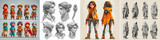 Fototapeta Dinusie - Create your own unique character with many customizable options. Dress up your character in different clothes and hairstyles. Create and personalize 2D character and doll sheets.