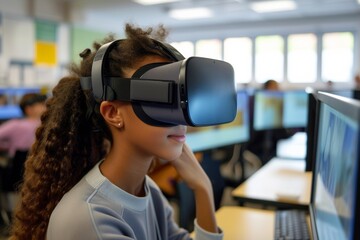Aufkleber - A woman fully immersed in a virtual world, her face adorned with a vr headset and headphones, while her body is clad in modern clothing, connected to a computer monitor indoors