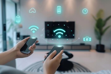 Aufkleber - Two hands holding multiple electronic devices, a phone and a watch, against a blank wall with a captivating display of multimedia, showcasing the person's attachment to modern gadgets