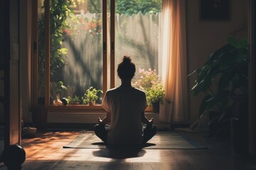 Aufkleber - A person sits in front of a window, their silhouette cast by the light, surrounded by indoor plants and a vase of flowers