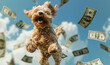 A playful dog, puppy running and jumping among paper money flying in the air. Concept of finance, economy, wealth, animals, richness, riches