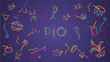 © simbos - Rio Carnival 2024 elements banner. Mask drums rattles guitar fanfare whistle crown tiara flags ribbons sparkle firework confetti isolated on purple background