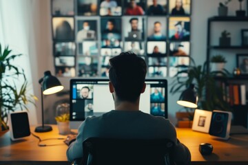 Poster - A focused office worker sits at his desk in an indoor office building, surrounded by walls adorned with furniture and a houseplant, intently studying the glowing computer screen before him