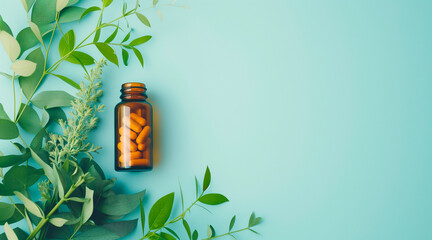 Bottle of pills and leaves on blue background. Copy space