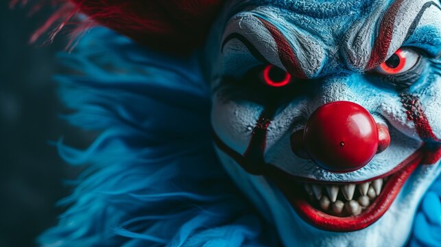 Sinister clown face with menacing smile and glowing red eyes in a chilling dark background
