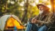 © Ilja - Happy senior enjoying camping in beautiful outdoor landscape with natural lighting and copy space