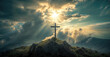 © RocknRoller Studios - Crucifix at the top of a Mountain with Sunlight Breaking through the Clouds. Inspirational Christian Image.