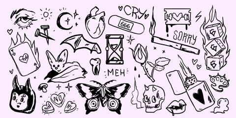 Set of grunge doodles and retro badges collage. Graffiti or tattoo hand drawn with marker, wax crayon or brush paint sticker or emblem. Groovy punk rock collection with emo, Gothic or magic elements.