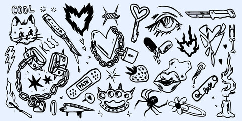 Wall Mural - Set of grunge doodles and retro badges collage. Graffiti or tattoo hand drawn with marker, wax crayon or brush paint sticker or emblem. Groovy punk rock collection with emo, Gothic or magic elements.