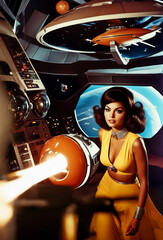 Wall Mural - Painting of woman in space station with rocket in the background.