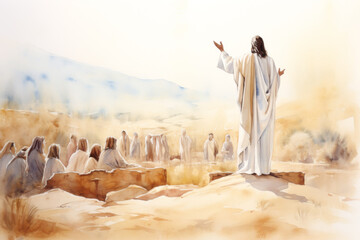 Wall Mural - Jesus Christ Speaking to the Crowd Watercolor Illustration