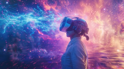 person immersed in a virtual reality experience with a colorful, abstract explosion of shapes and particles emanating from the VR headset