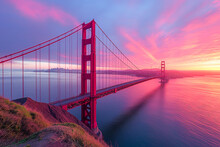 The Golden Gate Bridge At Sunset Is Seen From Below The Cliffs