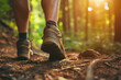 Close up of hiker feet walking outdoors in the forest. Generative AI