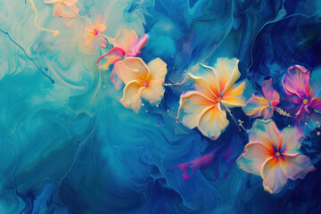  Abstract colorful background of spreading flowers. A unique screensaver picture. Background image. Acrylic paints. Alcohol ink. drop on a blue background spreads out in waves in different directions.