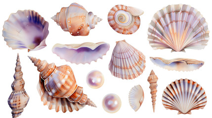 Set of seashells on a transparent background. Watercolor illustration. Clipart PNG