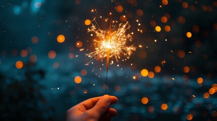 Poster - A close-up of a hand holding a sparkler, with the sparks illuminating a dark background