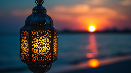 Islamic concept lamp Traditional Arabic Lantern on the beach Ramadan and Eid Mubarak greeting background