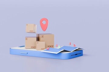 Poster - Online delivery parcels box concept. smartphone pin pointer mark location and office shipping. maps service express trucking on purple pastel background.cardboard box or delivery box icon.3D rendering