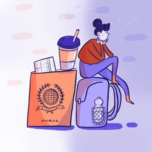 Illustration Of A Woman Sitting On Objects Related To Travel, A Rucksack, A Passport, A Ticket