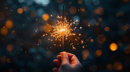 Poster - A close-up of a hand holding a sparkler, with the sparks illuminating a dark background