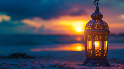 Wall Mural - Islamic concept lamp Traditional Arabic Lantern on the beach Ramadan and Eid Mubarak greeting background