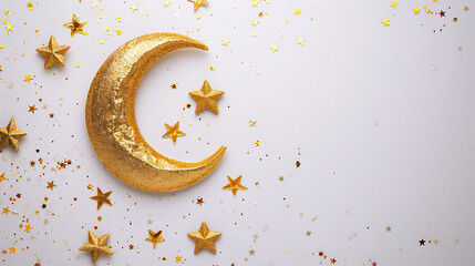 Ramadan Kareem golden crescent moon and star decoration on white background with confetti