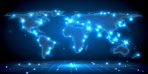 Leinwandbilder - A Blue-Hued Technological World Map Depicting Global Connectivity and the Digital Fabric of Data and Information, Generative AI