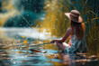 model fishing in a lake with a rod and a hat in a leisure time