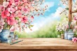 Frühlingshafte Vorlage mit Blüten und Holztisch - Stil: Aquarellmalerei