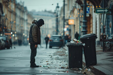A US Homeless In A Hooded Jacket Standing By Overflowing Trash Bins On A Wet, Deserted City Street, With Moody, Ambient Lighting Reflecting Urban Solitude.