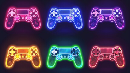 Sticker - neon joysticks for games and cyber sports in the colors white, blue, orange, yellow, red, purple, and green on a dark background.