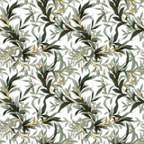 Fototapeta Perspektywa 3d - Seamless pattern with olive leaves, green shoots on white background.