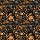 Fototapeta Perspektywa 3d - Seamless pattern of seabed with tropical coral, algae, pisces and shellfish. Decorative imprint with patina.