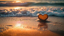 Heart shape made of sand on a beach on a sunny summer day near the clean transparent seawater waves. Holiday love and romance, honeymoon travel, ocean shore, no people, nobody
