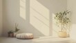 © Kanisorn - Calm meditation corner, pastel cushions, minimal decor, indoor plant, serene morning ambiance